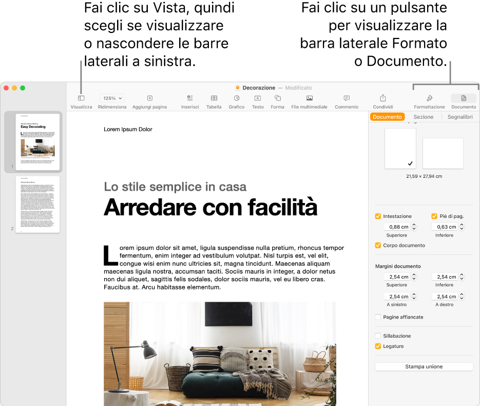 La finestra di Pages con le didascalie nel pulsante menu Vista e nei pulsanti Formato e Documento nella barra strumenti. Le barre laterali sono aperte a sinistra e destra.