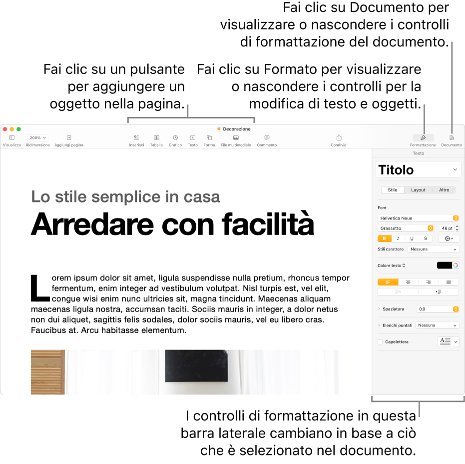 Finestra di Pages con pulsanti nella barra strumenti per l’aggiunta di oggetti e l’apertura di barre laterali.