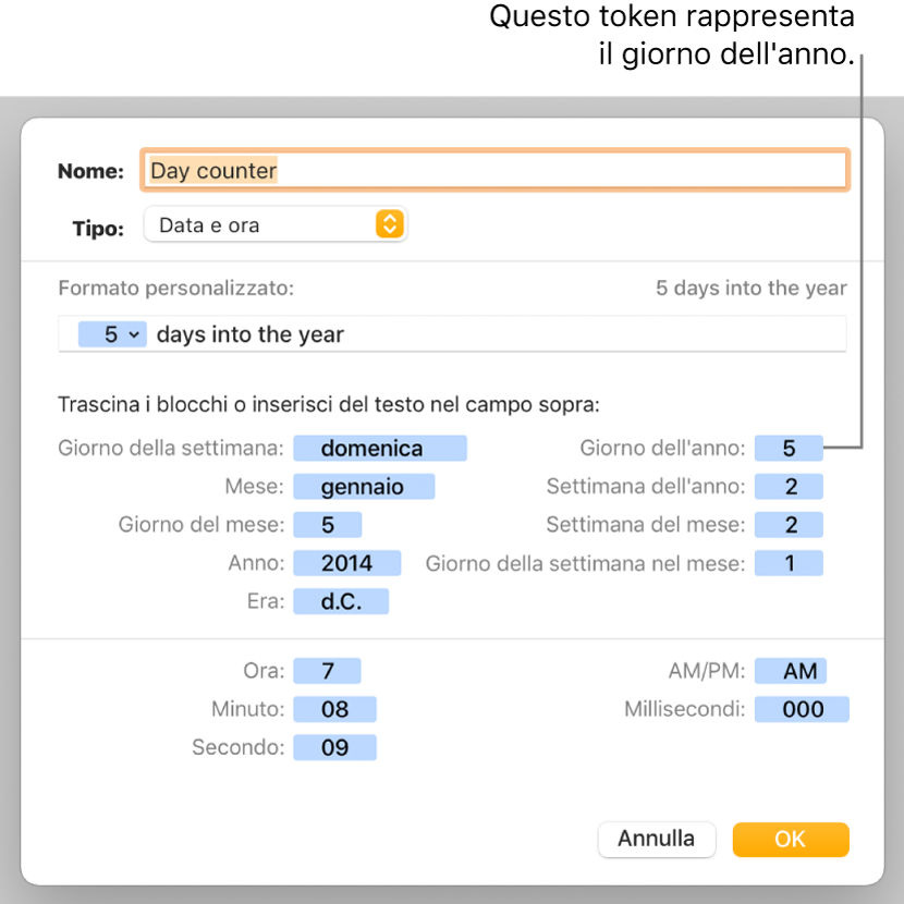 Finestra per la formattazione delle celle con controlli per scegliere un formato di data e ora personalizzato.