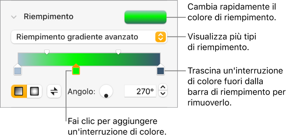 Controlli per riempire oggetti con colori.