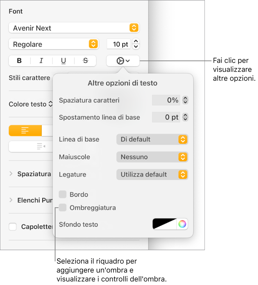 Il menu Opzioni avanzate aperto con il riquadro Ombre selezionato e i controlli per impostare la sfocatura, l’offset, l’opacità, l’angolazione e il colore.