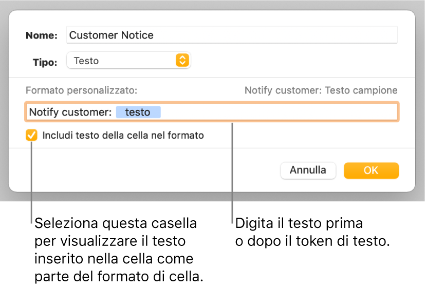 Finestra per la formattazione delle celle con controlli per scegliere un formato di testo personalizzato.