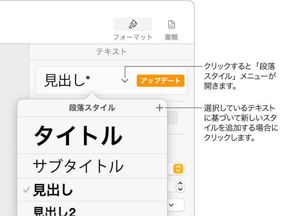 「段落スタイル」メニュー。スタイルを追加または変更するためのコントロールが表示された状態。