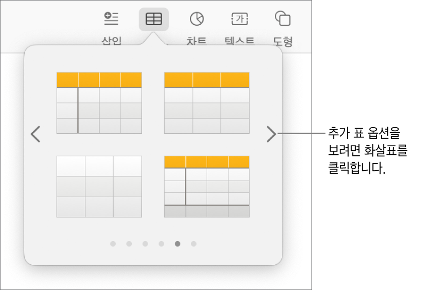 탐색 화살표가 있는 표 추가 메뉴.