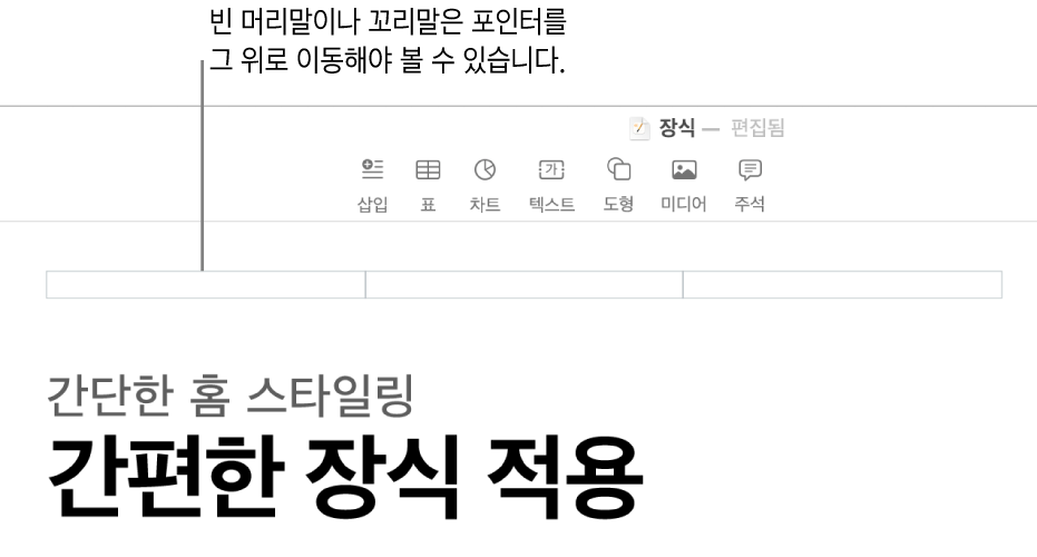 문서 제목 위에 있는 머리말 필드 세 개.