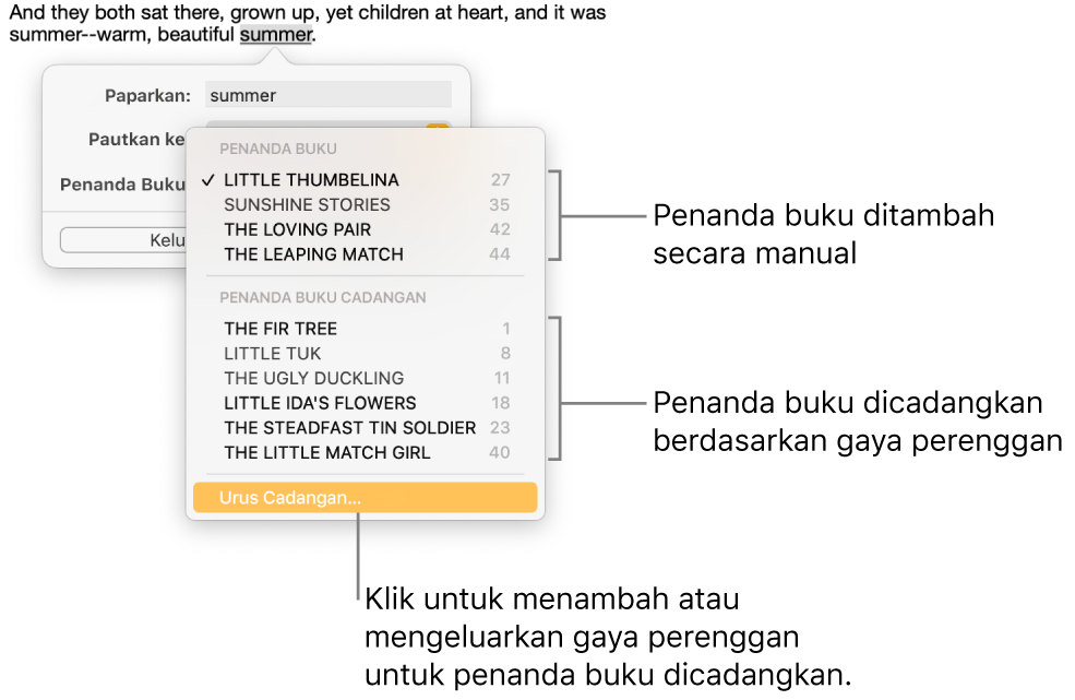 Senarai penanda buku dengan penanda buku ditambah secara manual di bahagian atas dan penanda buku cadangan di bahagian bawah. Pilihan Uruskan Cadangan berada di bawah.