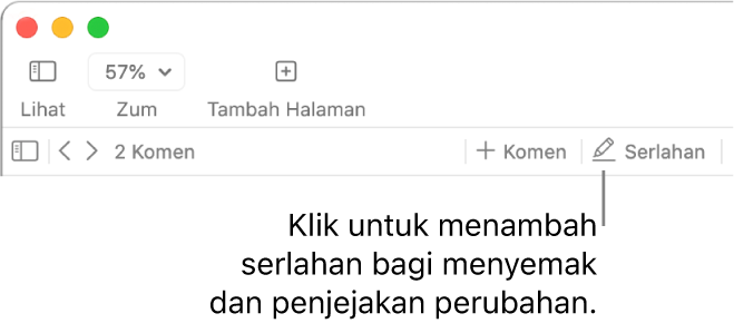 Bar menu menunjukkan menu Masukkan dan di bawahnya, bar alat Pages dengan alat semakan serta petak bual ke butang Serlahan.