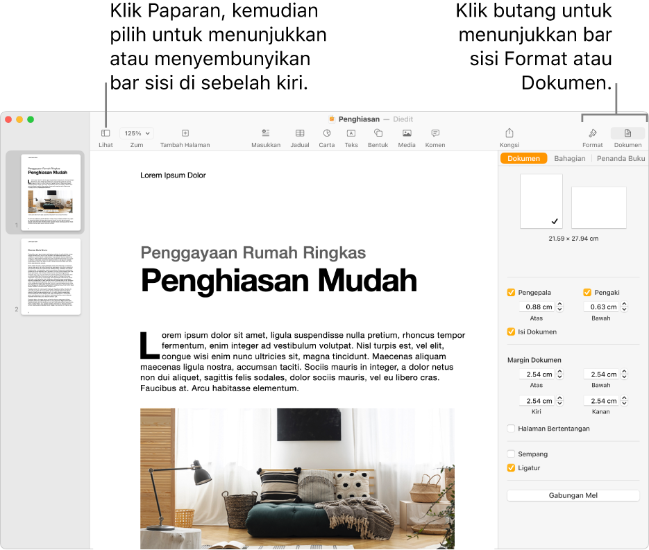 Tetingkap Pages dengan petak bual ke butang menu Paparan dan butang Format dan Dokumen dalam bar alat. Bar sisi dibuka di sebelah kiri dan kanan.