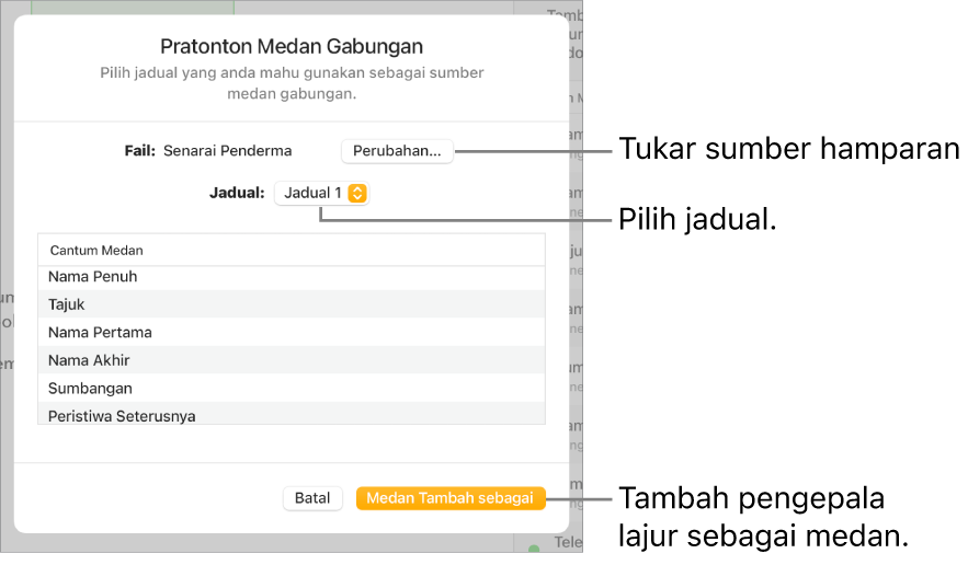 Anak tetingkap Medan Gabungan Pratonton, dengan pilihan untuk menukar fail sumber atau jadual, mempratonton nama medan gabungan atau menambah pengepala lajur sebagai medan.