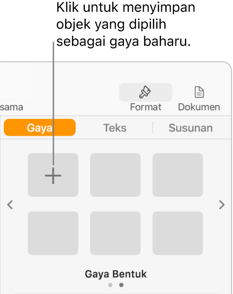 Tab Gaya pada bar sisi Format, dengan butang Cipta Gaya di penjuru kiri atas dan lima ruang letak gaya kosong.