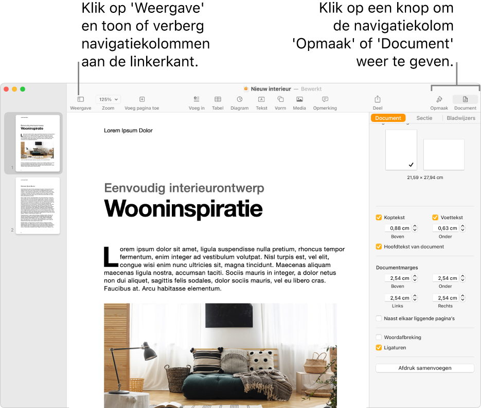 Het Pages-venster met uitleg bij de knop voor het Weergave-menu en de knoppen 'Opmaak' en 'Document' in de knoppenbalk. De navigatiekolommen zijn links en rechts geopend.