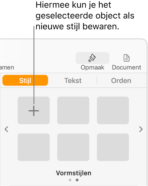 Het tabblad 'Stijl' in de navigatiekolom 'Opmaak' met linksbovenin de knop voor een nieuwe stijl en vijf lege plaatsaanduidingen voor stijlen.
