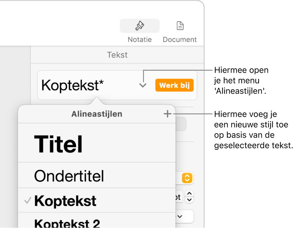 Het menu 'Alineastijlen' met regelaars voor het toevoegen of wijzigen van een stijl.