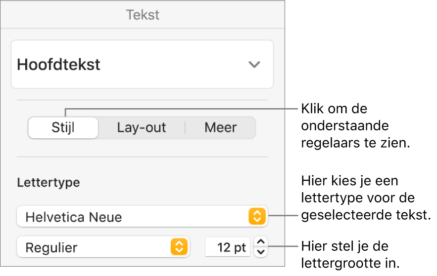 Tekstregelaars in het gedeelte 'Stijl' van de navigatiekolom 'Opmaak' voor het instellen van het lettertype en de lettergrootte.