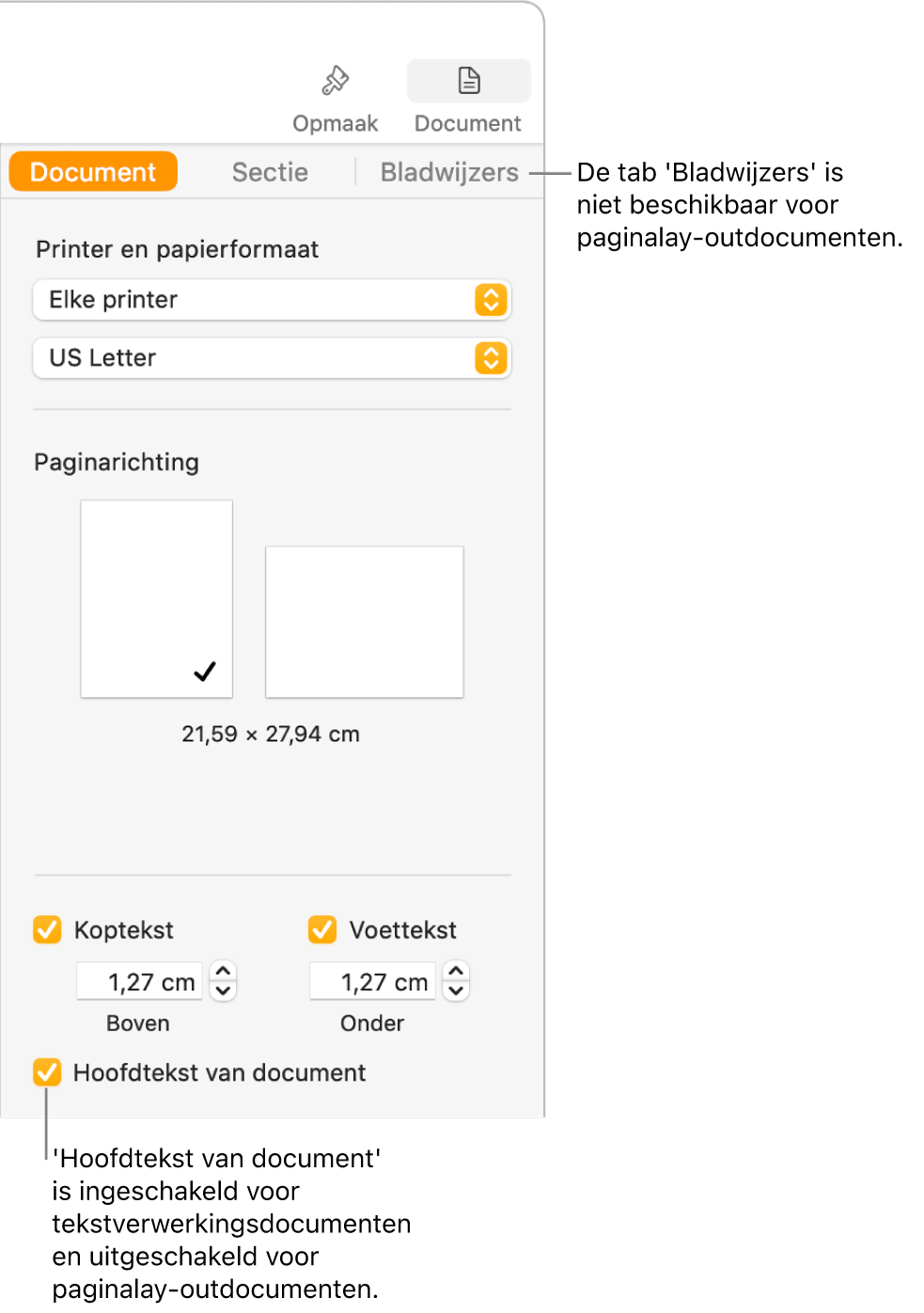 De navigatiekolom 'Opmaak' met bovenaan de tabs 'Document', 'Sectie' en 'Bladwijzers'. De tab 'Document' is geselecteerd en in het bijschrift bij de tab 'Bladwijzers' staat dat deze tab niet beschikbaar is voor paginalay-outdocumenten. Het aankruisvak 'Hoofdtekst van document' is ingeschakeld, wat ook aangeeft dat het document een tekstverwerkingsdocument is.