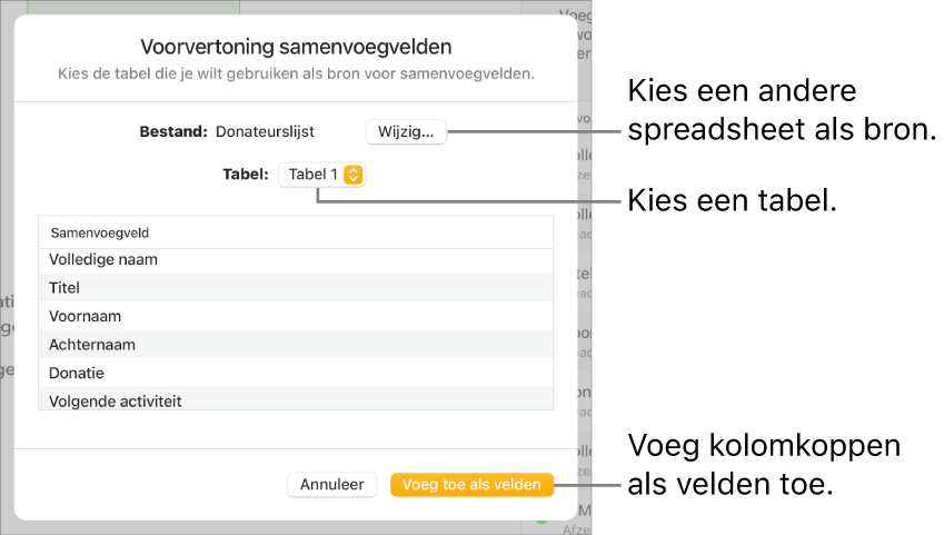 Het paneel 'Voorvertoning samenvoegvelden' met opties voor het wijzigen van het bronbestand of de tabel, het bekijken van de lijst met samenvoegvelden en het toevoegen van de kolomkoppen als velden.