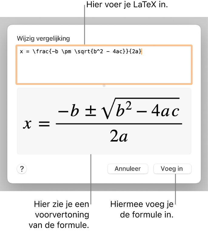 In het veld 'Vergelijking' staat een LaTeX-wortelformule, met daaronder een voorvertoning van de formule.