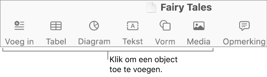 De knoppenbalk in Pages met de knoppen 'Voeg in', 'Tabel', 'Diagram', 'Tekst', 'Vorm' en 'Media'.