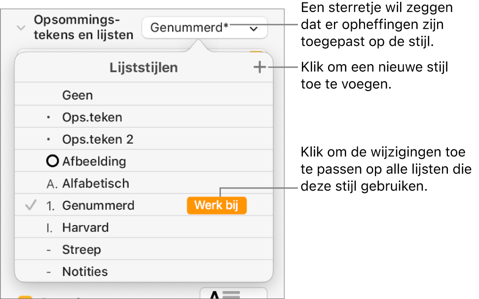 Pop‑upmenu 'Lijststijlen' met een sterretje dat een opheffing aangeeft, uitleg bij de knop 'Nieuwe stijl', en een submenu met opties voor het beheren van stijlen.