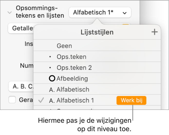 Het pop‑upmenu 'Lijststijlen' met een knop 'Werk bij' naast de naam van de nieuwe stijl.