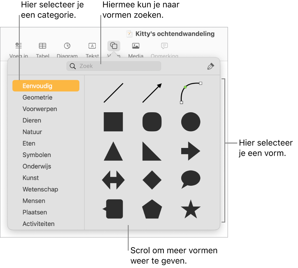 De vormenbibliotheek met links een lijst met categorieën en rechts vormen. Je kunt het zoekveld bovenaan gebruiken om vormen te zoeken. Scrol om meer opties weer te geven.