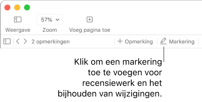 De menubalk met het Voeg in-menu en daaronder de Pages-knoppenbalk met controlefuncties en uitleg bij de markeerknop.