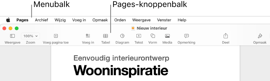 De menubalk boven in het scherm met de volgende menu's: Apple, Pages, Archief, Wijzig, Voeg in, Opmaak, Orden, Weergave, Venster en Help. Onder de menubalk wordt een Pages-document weergegeven met bovenaan een knoppenbalk met knoppen voor Weergave, Zoom, Voeg pagina toe, Voeg in, Tabel, Diagram, Tekst, Vorm, Media, Opmerking, Deel en Opmaak.