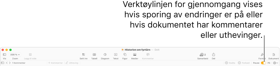 Pages-verktøylinjen med Spor endringer slått på, og gjennomgangsverktøylinjen under.
