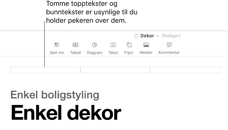 Tre topptekstfelter over tittelen i et dokument.