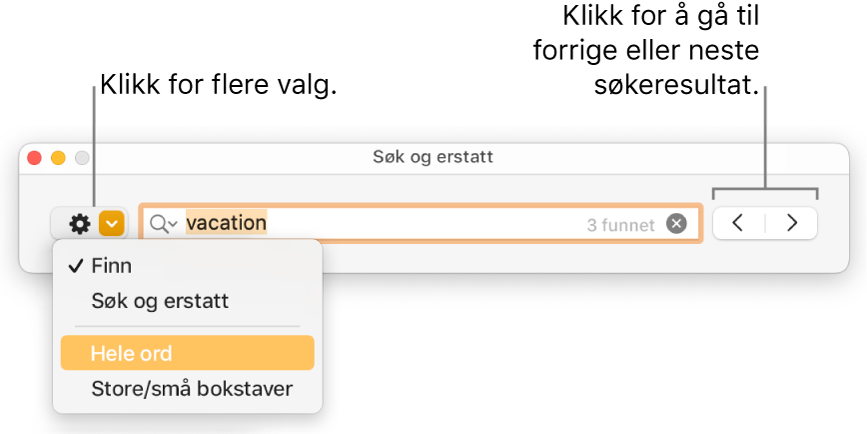 Søk og erstatt-vinduet, med lokalmenyen viser alternativer for Finn, Søk og erstatt, Hele ord og Store/små bokstaver. Pilene til høyre lar deg hoppe til forrige eller neste søkeresultat.
