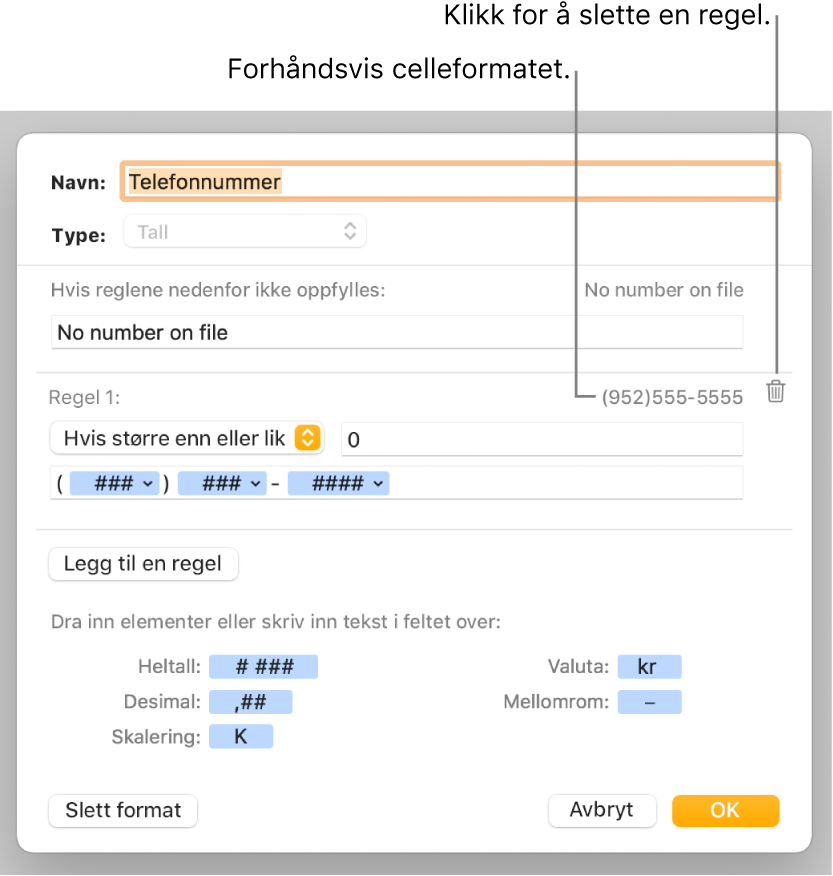 Tilpasset celleformat-vinduet, med kontroller for å velge tilpasset tallformatering.