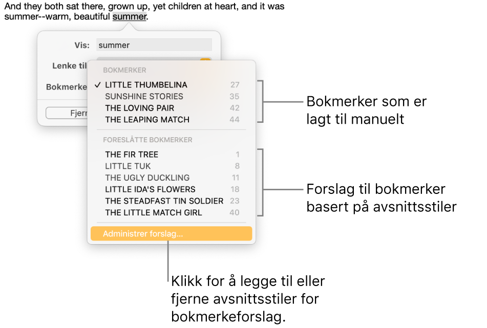 Bokmerkelisten med bokmerker som er manuelt lagt til, øverst, og foreslåtte bokmerker nedenfor. Administrer forslag-alternativet er nederst.