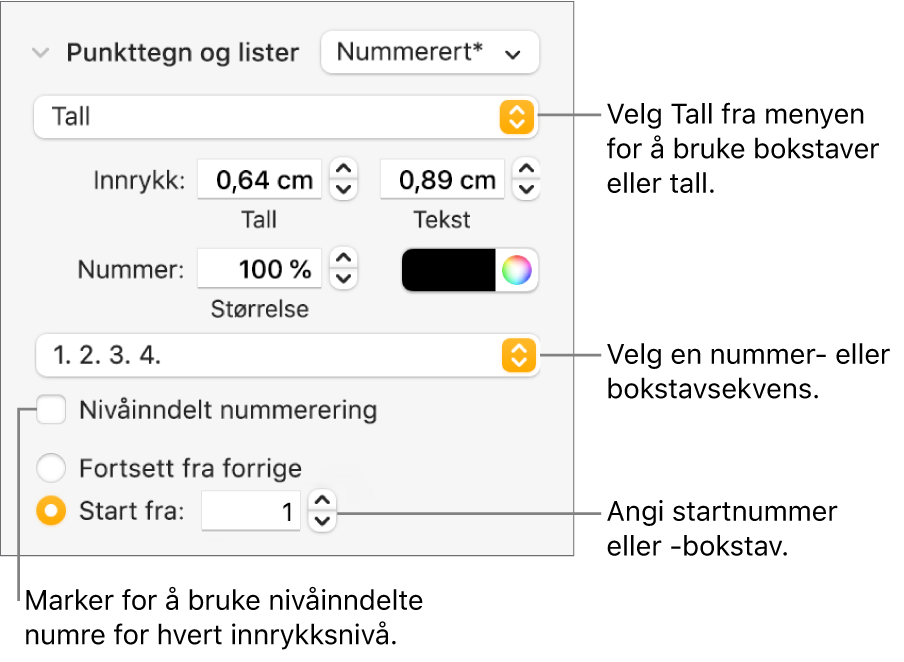 Kontrollene for å endre nummereringsstilen og avstanden for en liste.