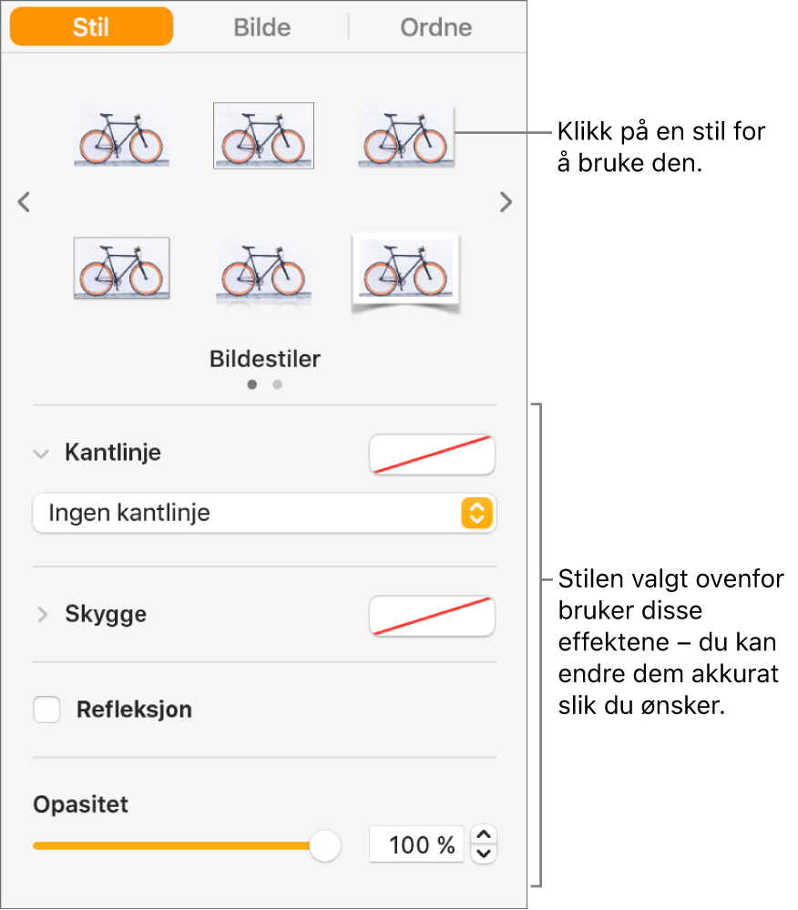 Stil-fanen i Format-sidepanelet som viser valg for objektstiler.