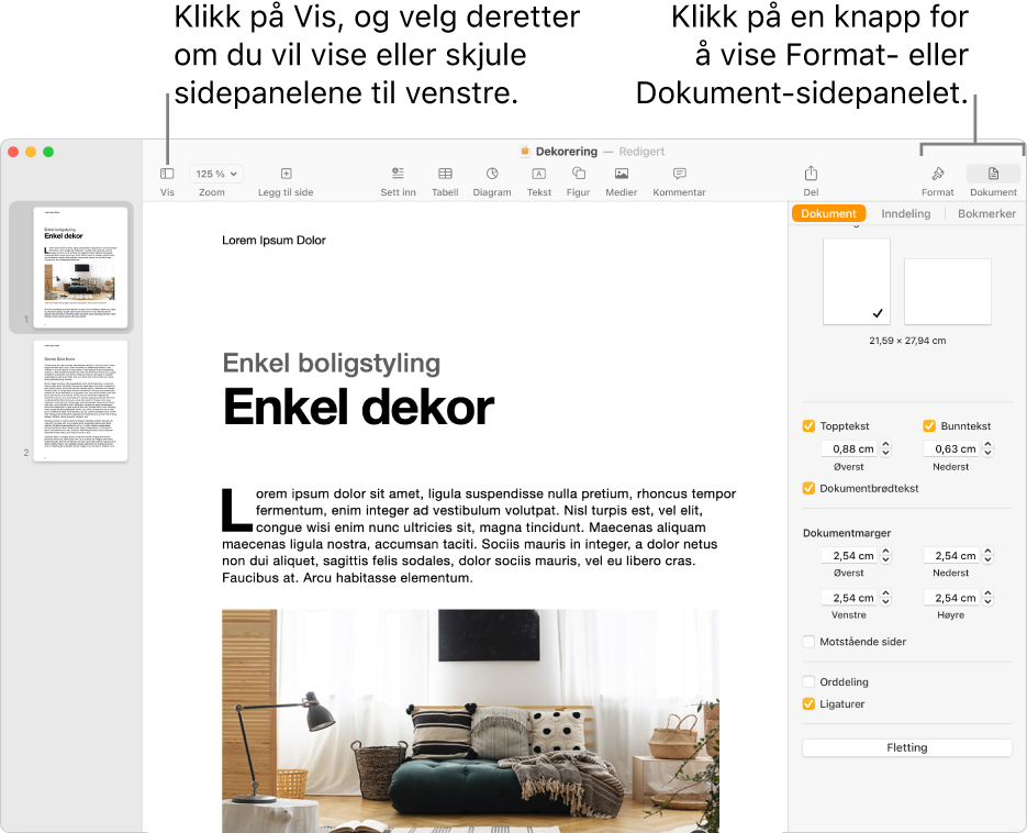 Pages-vinduet med forklaringer på Vis meny-knappen og Format- og Dokument-knappene i verktøylinjen. Åpne sidepaneler til høyre og venstre.