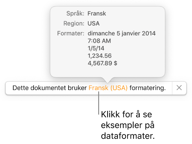 Varsling som viser en annen språk- og regionsinnstilling, med eksempler på formatering for det språket og den regionen.