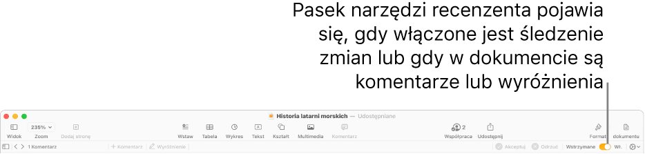 Pasek narzędzi Pages z włączonym śledzeniem zmian oraz wyświetlonym poniżej paskiem narzędzi recenzenta.