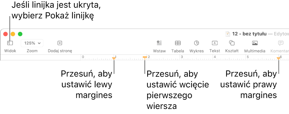 Linijka z narzędziem ustawiania lewego marginesu i narzędziem ustawiania wcięcia pierwszego wiersza.