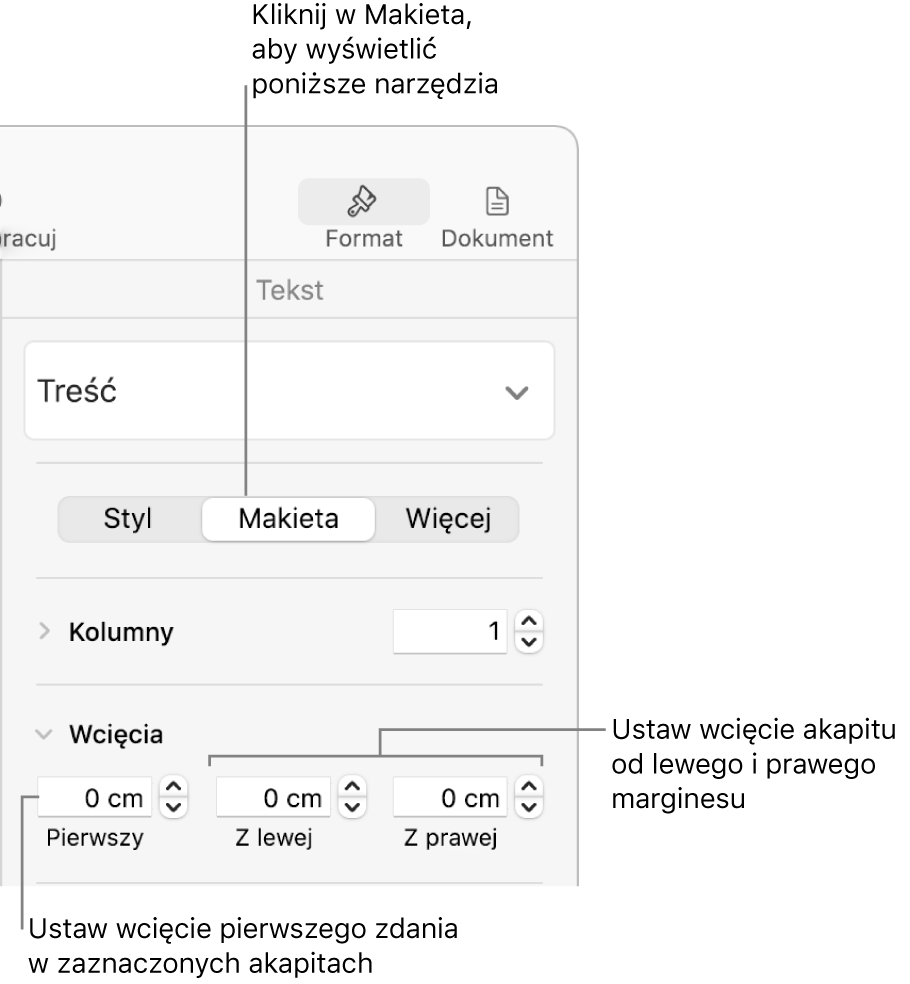 Narzędzia w sekcji Makieta na pasku bocznym Format, pozwalające na ustawianie wcięcia pierwszego wiersza.