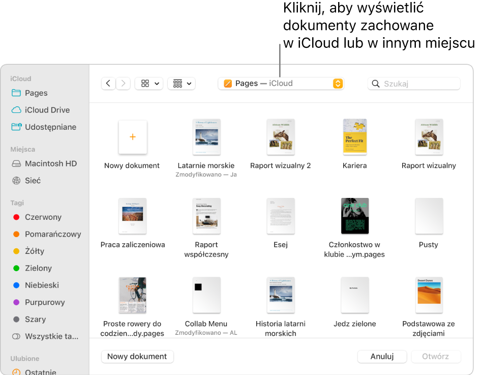 Okno dialogowe Otwórz z paskiem bocznym widocznym po lewej. W menu podręcznym znajdującym się na górze wybrana jest opcja iCloud Drive. W oknie dialogowym widoczne są foldery Keynote, Numbers i Pages, a także przycisk Nowy dokument.