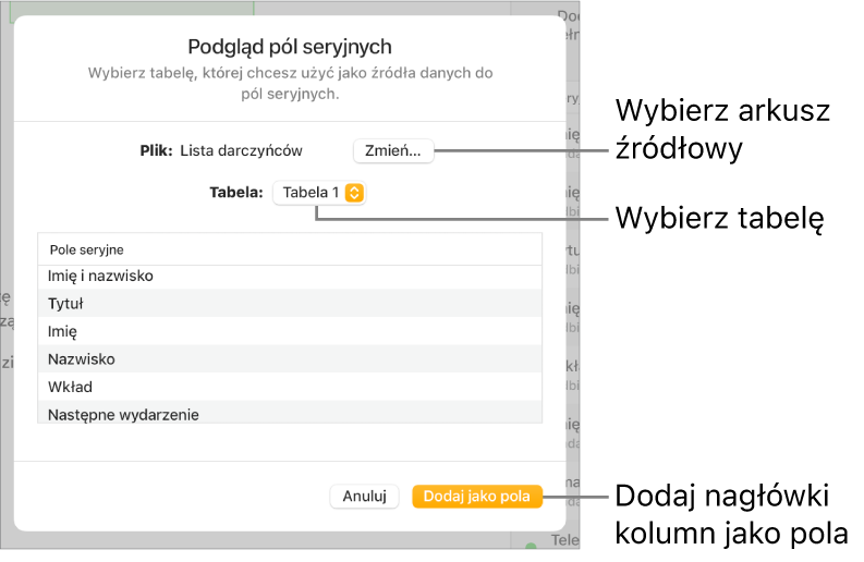 Panel podglądu korespondencji seryjnej, zawierający opcje pozwalające zmienić plik źródłowy lub tabelę źródłową, wyświetlić podgląd nazw pól korespondencji seryjnej oraz dodać nagłówki kolumn jako pola.