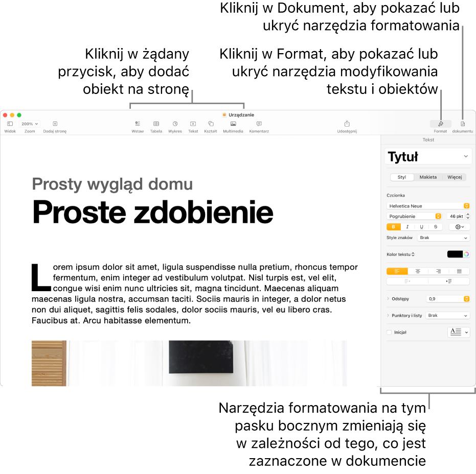 Okno Pages z przyciskami na pasku narzędzi, pozwalającymi na dodawanie obiektów i otwieranie pasków bocznych.