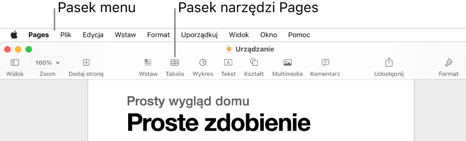 Pasek menu na górze ekranu, zawierający menu Apple, Pages, Plik, Edycja, Wstaw, Format, Uporządkuj, Widok, Udostępnij, Okno oraz Pomoc. Poniżej paska menu widoczny jest otwarty dokument Pages, zawierający w górnej części pasek narzędzi z przyciskami Widok, Zoom, Dodaj stronę, Wstaw, Tabela, Wykres, Tekst, Kształt, Multimedia oraz Komentarz.