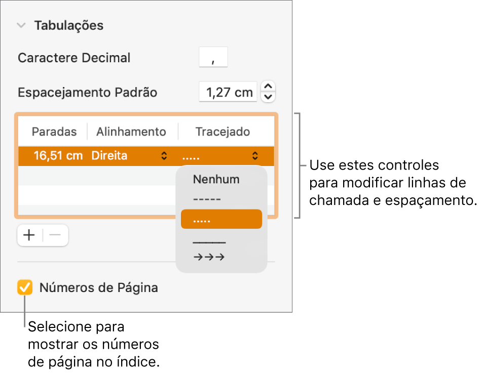 Seção Tabulações da barra lateral Formatar. Abaixo de Espacejamento Padrão aparece uma tabela com as colunas Paradas, Alinhamento e Tracejado. A opção Números de Página aparece selecionada abaixo da tabela.