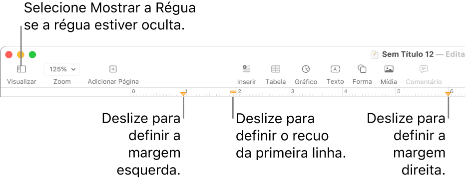 Régua com controle de margem esquerda e controle de recuo de primeira linha.