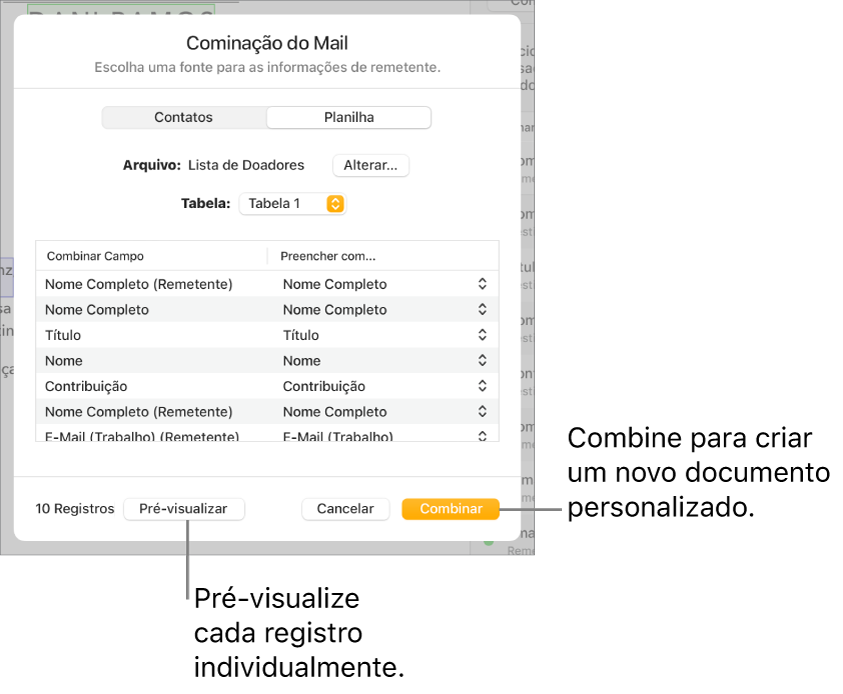 Painel Mala Direta aberto, com opções para alterar o arquivo ou tabela de origem, pré-visualizar os nomes dos campos de mala direta ou registros individuais, ou combinar o documento.