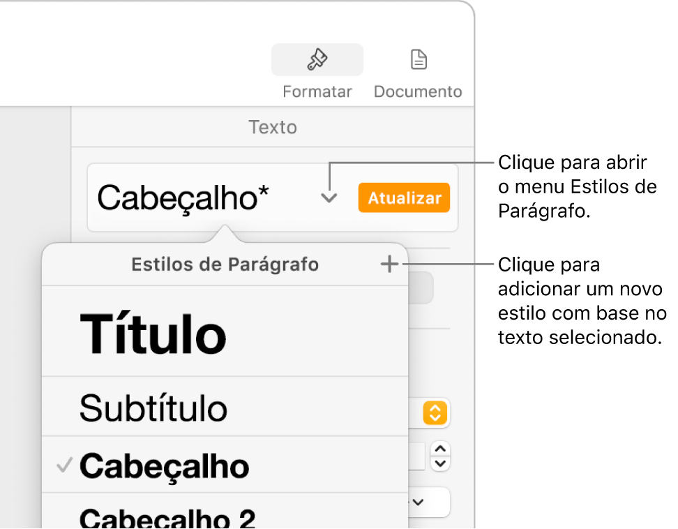 Menu Estilos de Parágrafo, exibindo os controles para adicionar ou alterar um estilo.