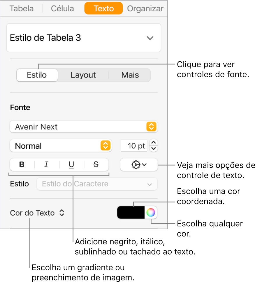 Controles para estilizar o texto da tabela.