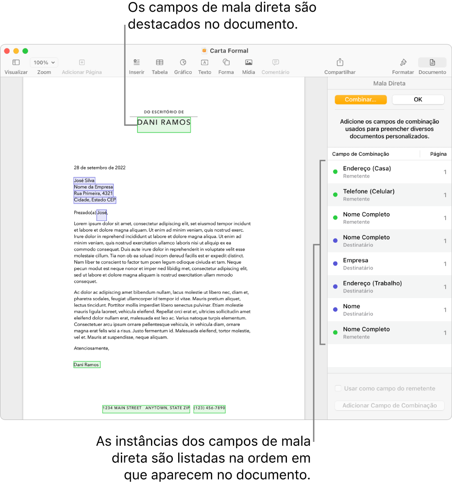 Documento do Pages com campos de destinatário e remetente de mala direta e a lista de instâncias de campos de mala direta visível na barra lateral Documento.