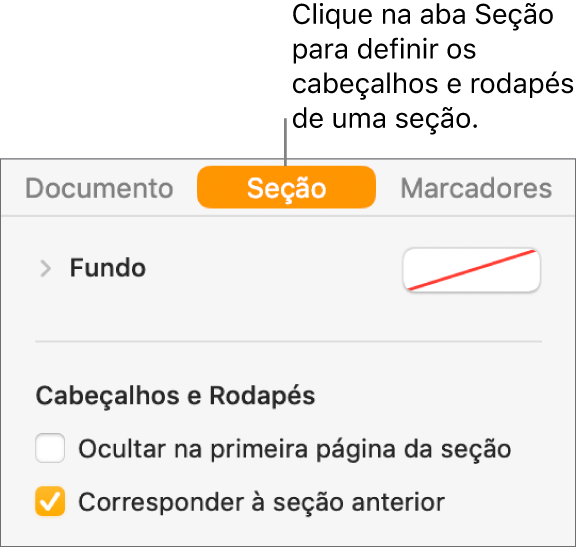 Barra lateral Documento com a aba Seção na parte superior da barra lateral selecionada. A seção “Cabeçalhos e Rodapés” da barra lateral possui caixas ao lado de “Ocultar na primeira página da seção” e “Corresponder à seção anterior”.